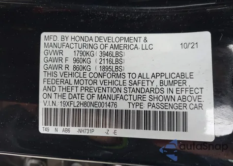 2022 Honda Civic Sport из США, поврежденный, VIN 19XFL2H80NE001476